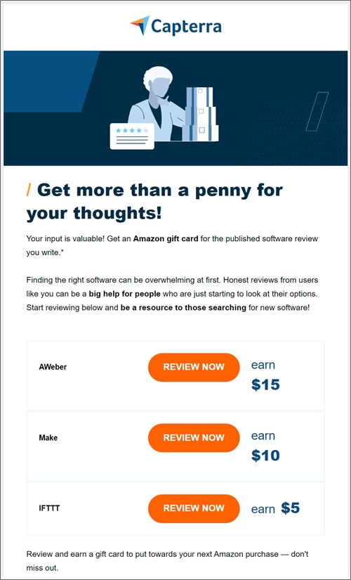 earn amazon gift cards for reviewing software on capterra