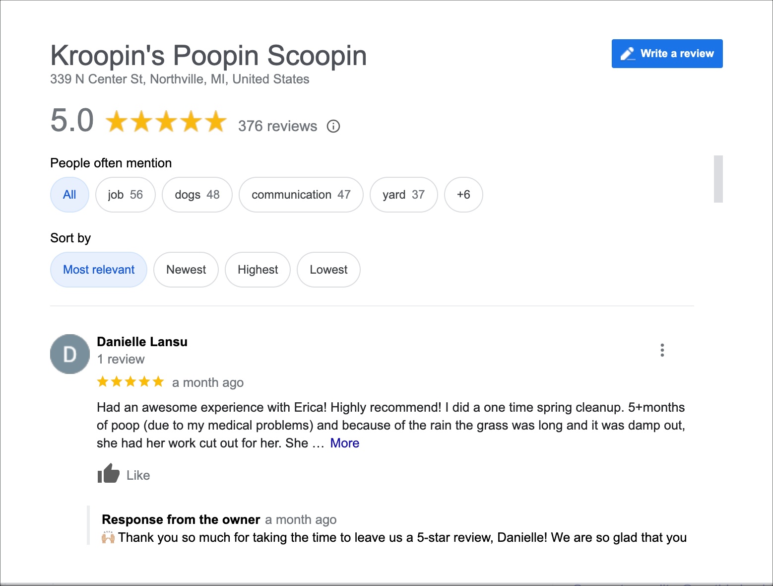 Kroopin's Poopin Scoopin Google Reviews