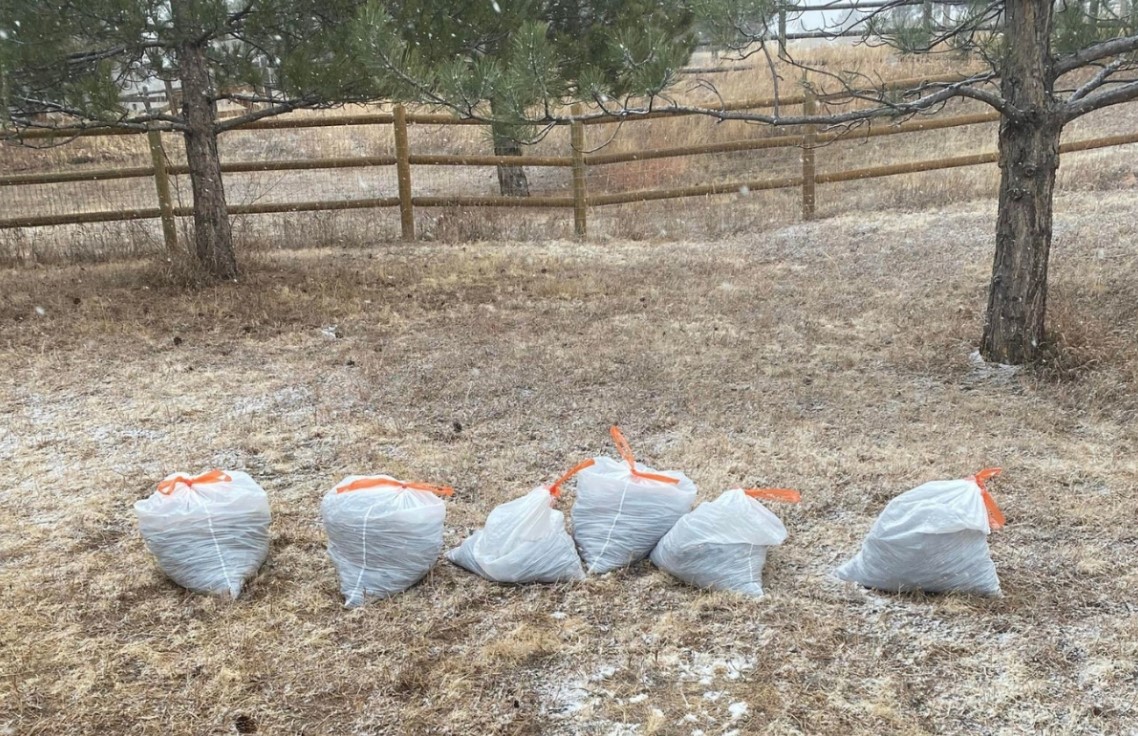 pet waste removal stacked up in a yard